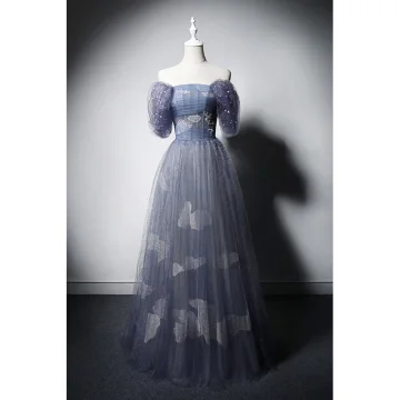Charming Ocean Blue Beading Pearl Sequins Evening Dresses 2022 A Line Princess Off The Shoulder Short Sleeve Backless Floor Length Long Prom Formal Dresses