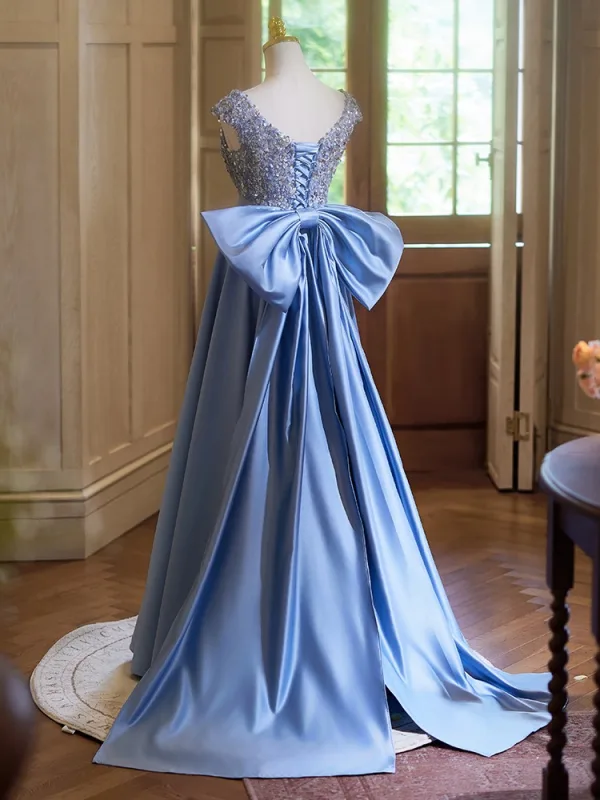 Elegante Himmelblau Pailletten Satin Ballkleider 2024 A Linie V-Ausschnitt Ärmel Rückenfreies Schleife Sweep / Pinsel Zug Ball Festliche Kleider