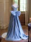 Elegante Himmelblau Pailletten Satin Ballkleider 2024 A Linie V-Ausschnitt Ärmel Rückenfreies Schleife Sweep / Pinsel Zug Ball Festliche Kleider