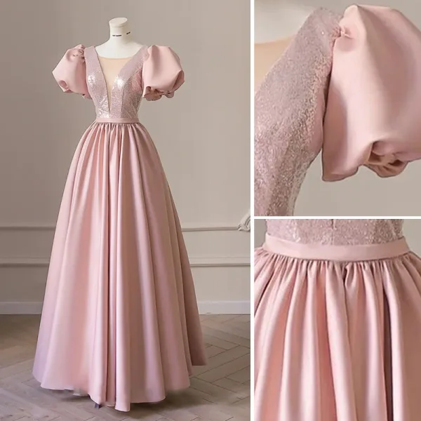 Elegante Blozen Roze Pailletten Galajurken 2022 A lijn Ronde Hals Gezwollen Korte Mouwen Ruglooze Lange Gelegenheid Jurken
