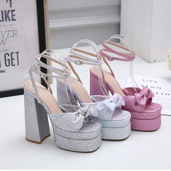 Charmant Fuchsie Pailletten Schleife Abend Sandalen Damen 2023 Knöchelriemen 14 cm Thick Heels Peeptoes Sandaletten Hochhackige