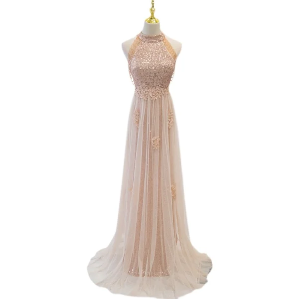Charming Champagne Sequins Evening Dresses 2022 A-Line / Princess Scoop Neck Beading Tassel Lace Flower Sleeveless Sweep Train Formal Dresses