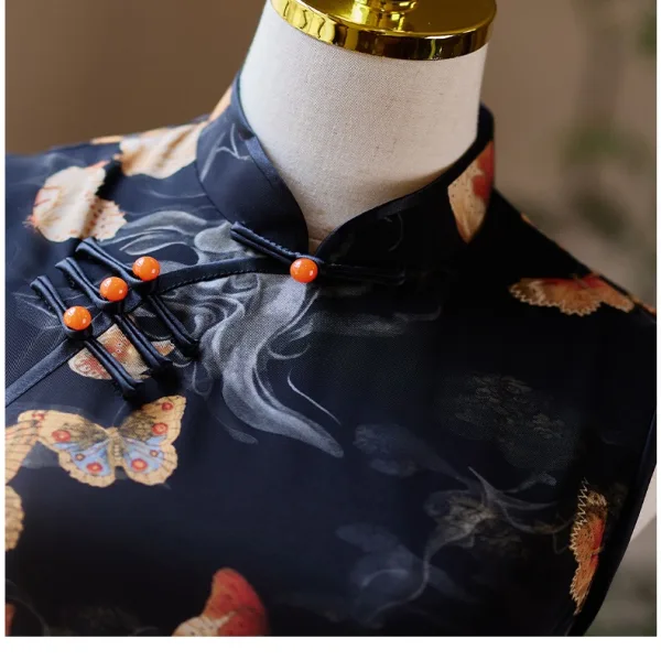 Chinese style Black Butterfly Printing Summer Tea-length Cheongsam 2024 Trumpet / Mermaid High Neck Sleeveless