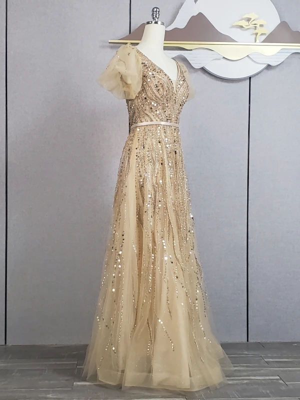 Charming Champagne Beading Sequins Prom Dresses 2024 A-Line / Princess V-Neck Short Sleeve Backless Bow Sash Floor-Length / Long Prom Formal Dresses