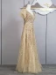 Charming Champagne Beading Sequins Prom Dresses 2024 A-Line / Princess V-Neck Short Sleeve Backless Bow Sash Floor-Length / Long Prom Formal Dresses