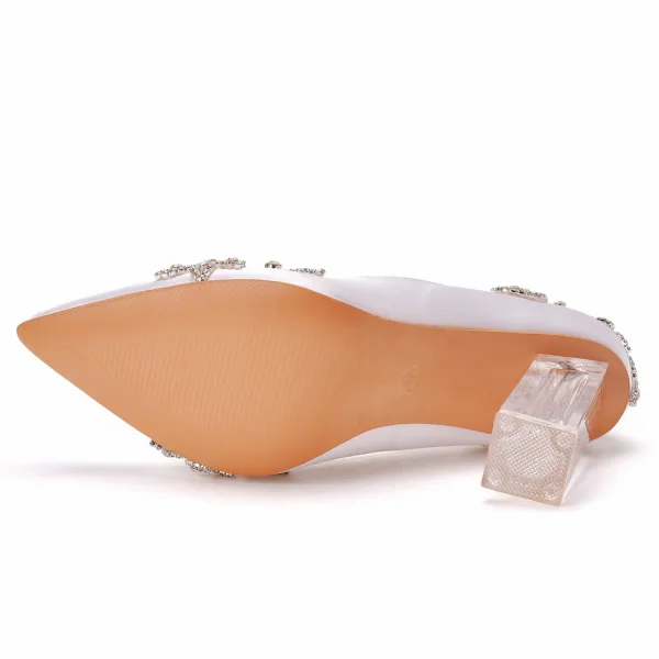Charmant Blanche Faux Diamant Chaussure De Mariée 2022 9 cm Cristal Talons Épais À Bout Pointu Mariage Escarpins Talons Hauts