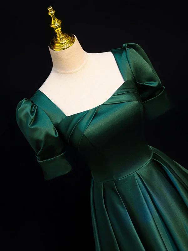Vintage / Retro Dark Green Satin Prom Dresses 2024 A-Line / Princess Square Neckline Short Sleeve Backless Floor-Length / Long Prom Formal Dresses