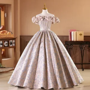 Élégant Nues Impression Robe De Bal 2026 Robe Boule De L Épaule Manches Courtes Dos Nu Longue Robe De Ceremonie