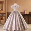 Elegant Nude Printing Prom Dresses 2026 Ball Gown Off-The-Shoulder Short Sleeve Backless Floor-Length / Long Formal Dresses