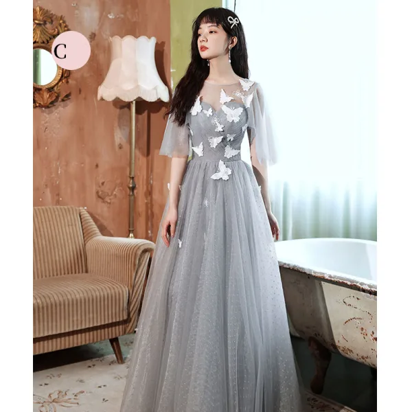 Modest / Simple Grey Lace Butterfly Bridesmaid Dresses 2022 A-Line / Princess Short Sleeve Backless Floor-Length / Long Bridesmaid Dresses