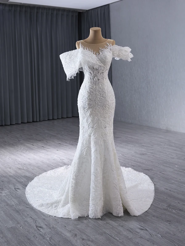 Luxury / Gorgeous White Handmade  Beading Rhinestone Lace Flower Cascading Ruffles Wedding Dresses 2024 Trumpet / Mermaid Scoop Neck Short Sleeve Court Train Wedding