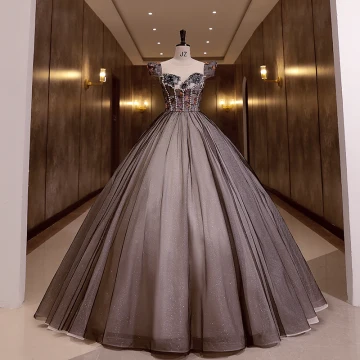 Élégant Noire Perle Paillettes En Dentelle Fleur Robe De Bal 2022 Robe Boule Encolure Dégagée Sans Manches Longue Robe De Ceremonie
