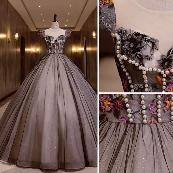 Élégant Noire Perle Paillettes En Dentelle Fleur Robe De Bal 2022 Robe Boule Encolure Dégagée Sans Manches Longue Robe De Ceremonie