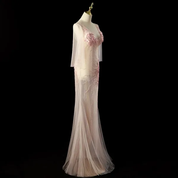 Charmant Rougissant Rose Perlage Perle Paillettes Robe De Soirée 2024 Trompette / Sirène Col v profond Manches Courtes Dos Nu Longue Soirée Robe De Ceremonie