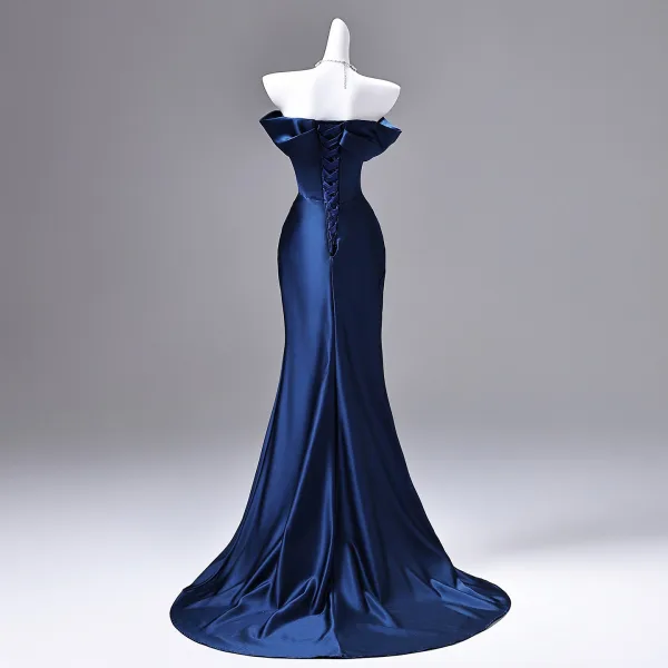 Sexy Marineblau Abendkleider 2026 Meerjungfrau Bandeau Ärmellos Rückenfreies Sweep / Pinsel Zug Festliche Kleider