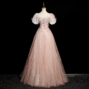 Charmant Rougissant Rose Paillettes Robe De Bal 2023 Princesse Encolure Carrée Manches Courtes Dos Nu Longue Robe De Ceremonie