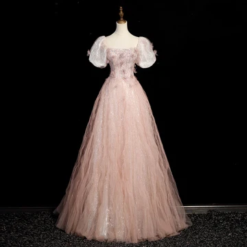 Charmant Rougissant Rose Paillettes Robe De Bal 2023 Princesse Encolure Carrée Manches Courtes Dos Nu Longue Robe De Ceremonie