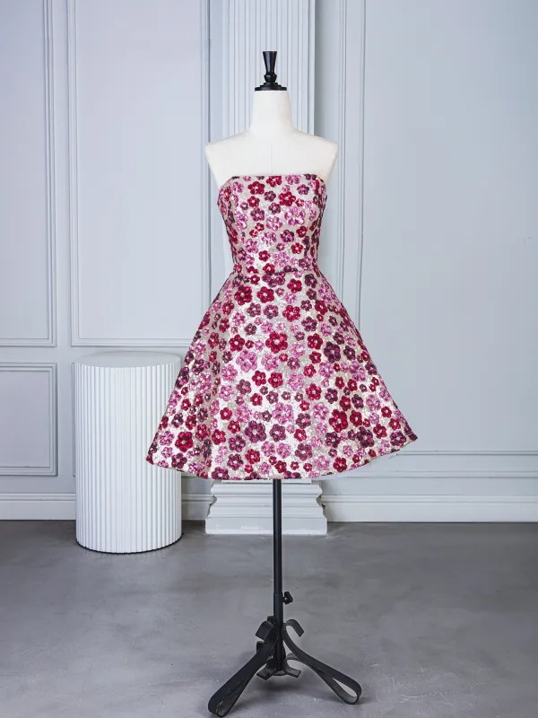 Sexy Fuchsia Sequins Flower Evening Party Cocktail Party Party Dresses 2025 Ball Gown Strapless Sleeveless Backless Bow Knee-Length Formal Dresses