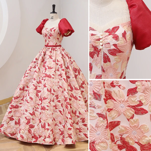 Elegant Red Printing Prom Dresses 2022 Ball Gown Square Neckline Puffy Short Sleeve Backless Sash Floor-Length / Long Prom Formal Dresses