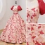 Elegant Red Printing Prom Dresses 2022 Ball Gown Square Neckline Puffy Short Sleeve Backless Sash Floor-Length / Long Prom Formal Dresses