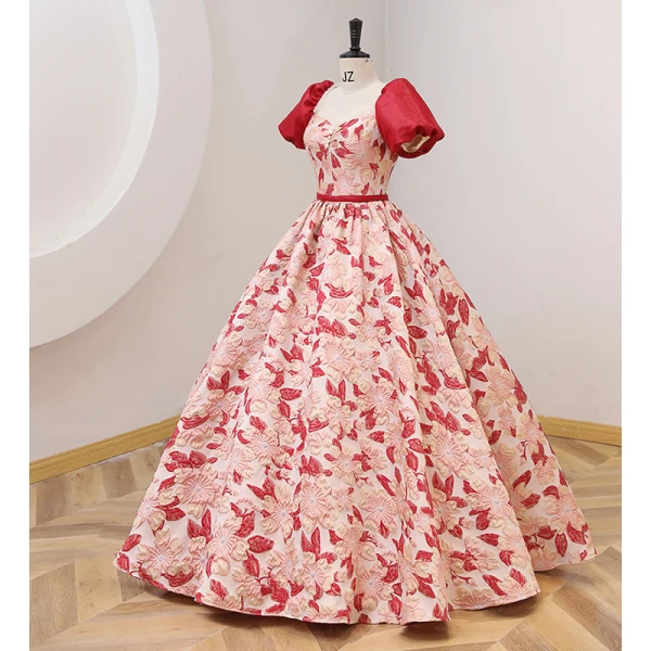 Elegant Red Printing Prom Dresses 2022 Ball Gown Square Neckline Puffy Short Sleeve Backless Sash Floor-Length / Long Prom Formal Dresses