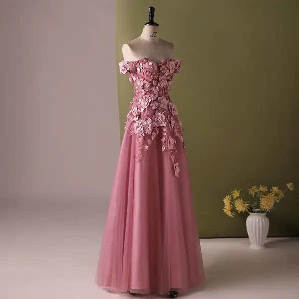 Chic / Beautiful Blushing Pink Pearl Appliques Prom Dresses 2024 A-Line / Princess Off-The-Shoulder Sleeveless Backless Floor-Length / Long Prom Formal Dresses