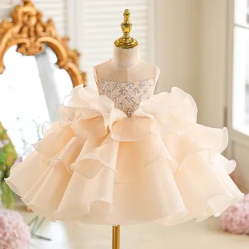 Volumineux Champagne Perlage Paillettes Volants En Cascade Anniversaire Courte Robe Ceremonie Fille 2026 Robe Boule Encolure Dégagée Sans Manches Dos Nu