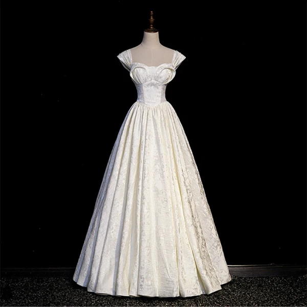 Vintage / Retro Ivory Printing Prom Dresses 2023 A-Line / Princess Off-The-Shoulder Short Sleeve Backless Floor-Length / Long Formal Dresses
