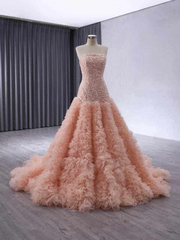 High End Rosa Handgefertigt Perlenstickerei Pailletten Fallende Rüsche Ballkleider 2024 Ballkleid Bandeau Ärmellos Rückenfreies Hof-Schleppe Ball Festliche Kleider