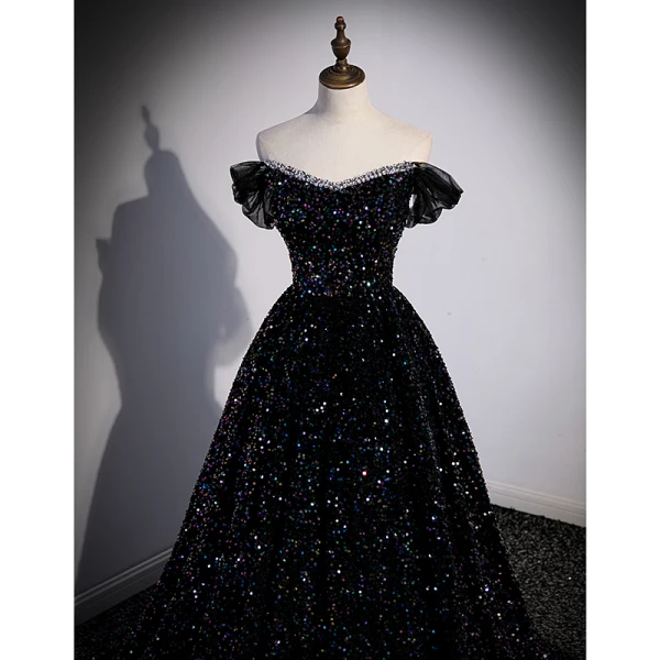 Glitzernden Schwarz Multifarben Pailletten Ballkleider 2023 Ballkleid Off Shoulder Kurze Ärmel Rückenfreies Sweep / Pinsel Zug Ball Festliche Kleider