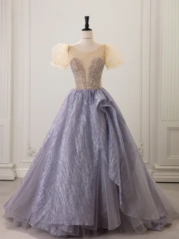 Bling Bling Lavender Sequins Prom Dresses 2025 Ball Gown V Neck Puffy Short Sleeve Backless Floor Length Long Formal Dresses
