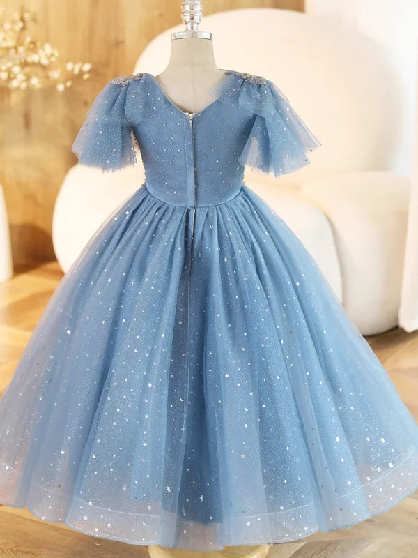 Fashion Sky Blue Beading Star Sequins Birthday Flower Girl Dresses 2023 Ball Gown V-Neck Short Sleeve Backless Floor-Length / Long Flower Girl Dresses