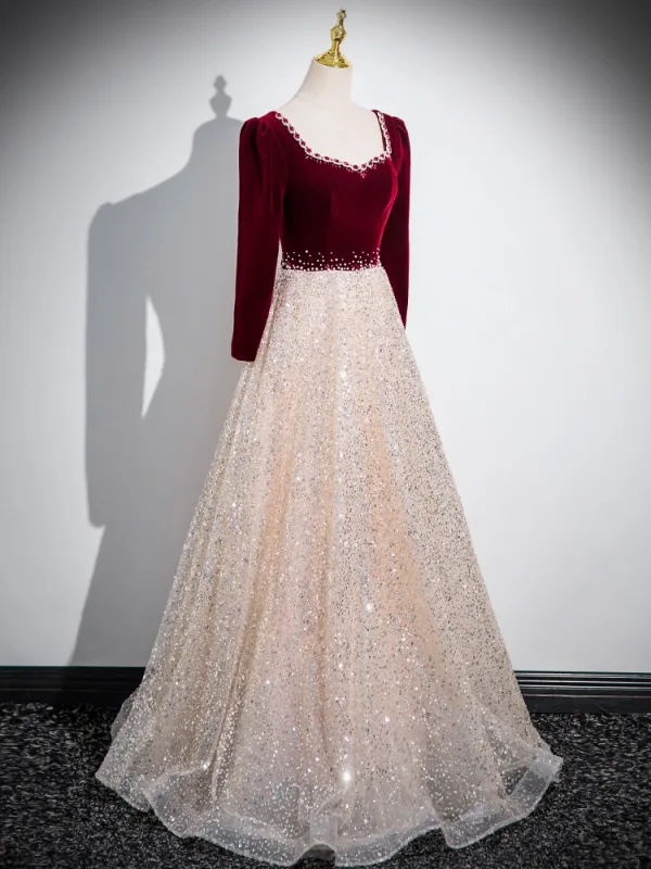 Chic / Belle Bordeaux Faux Diamant Paillettes Robe De Bal 2024 Princesse Encolure Carrée Manches Longues Longue Promo Robe De Ceremonie