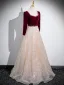 Chic / Belle Bordeaux Faux Diamant Paillettes Robe De Bal 2024 Princesse Encolure Carrée Manches Longues Longue Promo Robe De Ceremonie