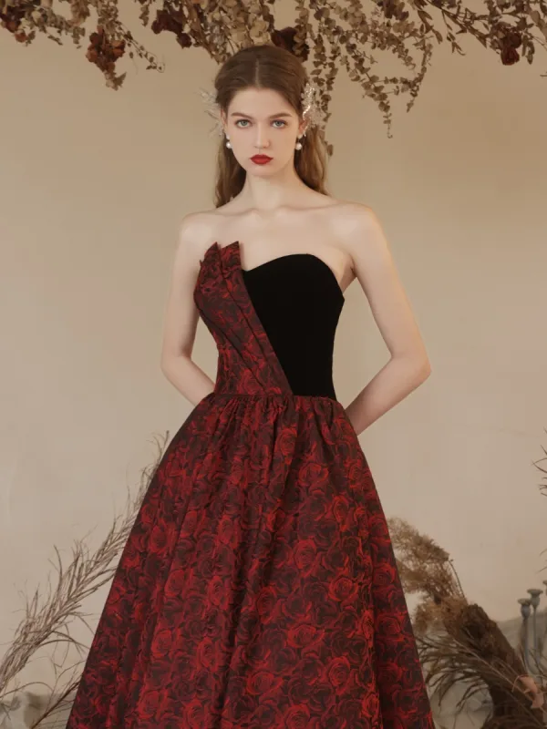 Charming Burgundy Summer Printing Evening Dresses 2023 A-Line / Princess Strapless Sleeveless Backless Floor-Length / Long Evening Party Formal Dresses