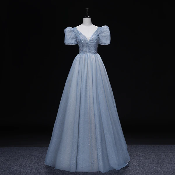 Chic / Beautiful Sky Blue Prom Dresses 2022 Ball Gown V-Neck Puffy Short Sleeve Backless Beading Rhinestone Sequins Floor-Length / Long Prom Formal Dresses