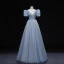 Chic / Beautiful Sky Blue Prom Dresses 2022 Ball Gown V-Neck Puffy Short Sleeve Backless Beading Rhinestone Sequins Floor-Length / Long Prom Formal Dresses
