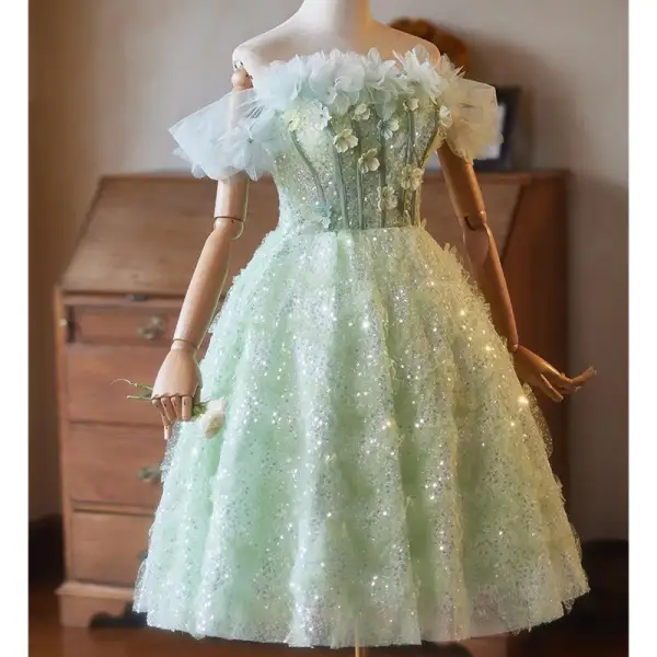 Fashion Sage Green Beading Sequins Appliques Homecoming Graduation Dresses 2025 A-Line / Princess Off-The-Shoulder Short Sleeve Backless Tea-length Formal Dresses