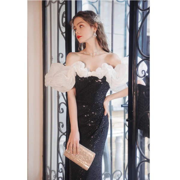 Charmant Noire Paillettes Robe De Soirée 2022 Trompette / Sirène Volants De l'épaule Manches Courtes Dos Nu Longue Robe De Ceremonie