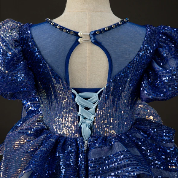 Sparkly Royal Blue Beading Pearl Sequins Rhinestone Birthday Flower Girl Dresses 2023 Ball Gown Scoop Neck Puffy Short Sleeve Floor-Length / Long
