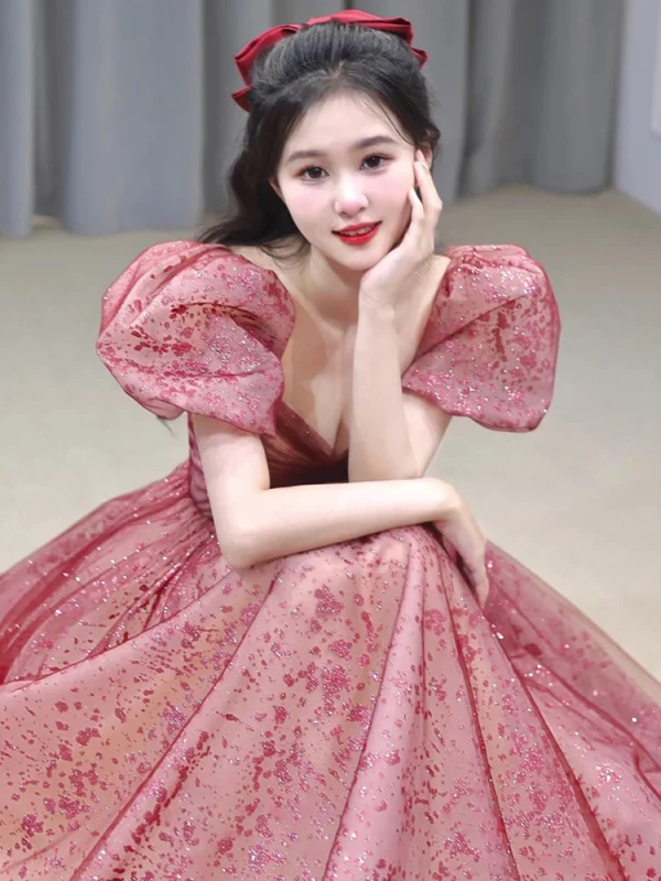 Chic / Belle Rouge Paillettes Robe De Bal 2022 Princesse Encolure Carrée Gonflée Manches Courtes Dos Nu Longue Robe De Ceremonie