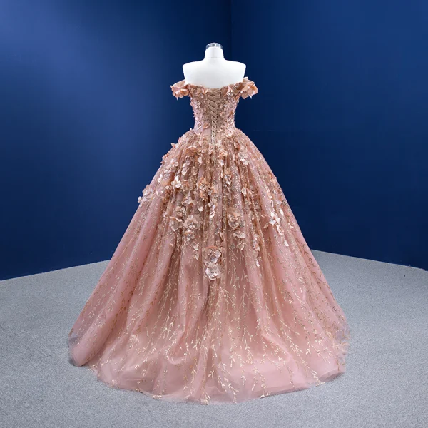 Luxury / Gorgeous Dusky Pink Appliques Wedding Dresses 2022 Ball Gown With Cloak Off-The-Shoulder Pearl Sequins Short Sleeve Backless Floor-Length / Long Wedding