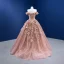 Luxury / Gorgeous Dusky Pink Appliques Wedding Dresses 2022 Ball Gown With Cloak Off-The-Shoulder Pearl Sequins Short Sleeve Backless Floor-Length / Long Wedding