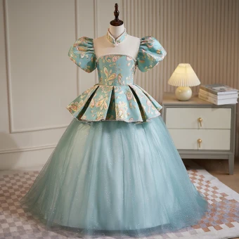 Style Chinois Bleu Ciel Perle Impression Promo Robe Ceremonie Fille 2023 Volants En Cascade Robe Boule Col Haut Gonflée Manches Courtes Dos Nu Longue Robe Ceremonie Fille