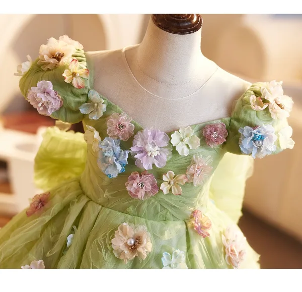 Flower Fairy Sage Green Beading Appliques Birthday Flower Girl Dresses 2025 Ball Gown Scoop Neck Short Sleeve Backless Floor-Length / Long Tulle