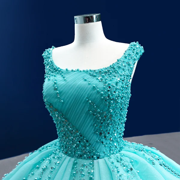 High-end Mint Green Handmade Beading Pearl Sequins Prom Dresses 2022 Ball Gown U-Neck Sleeveless Backless Court Train Prom Formal Dresses