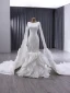 High End Weiß Pailletten Satin Fallende Rüsche Brautkleider / Hochzeitskleider 2024 Meerjungfrau Rundhalsausschnitt Ärmellos Rückenfreies Hof-Schleppe Hochzeit