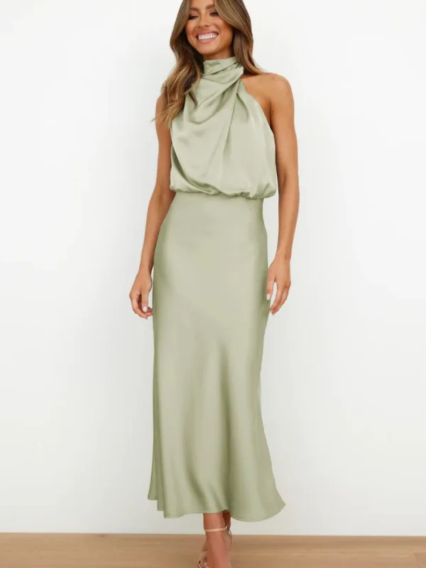 Fashion Beige Street Wear Holiday Women Dresses 2023 High Neck Tea-length Womens Clothing
