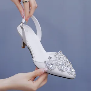 Élégant Simple Blanche Faux Diamant Chaussure De Mariée 2026 6 Cm Talons Aiguilles À Bout Pointu Mariage Talons Hauts