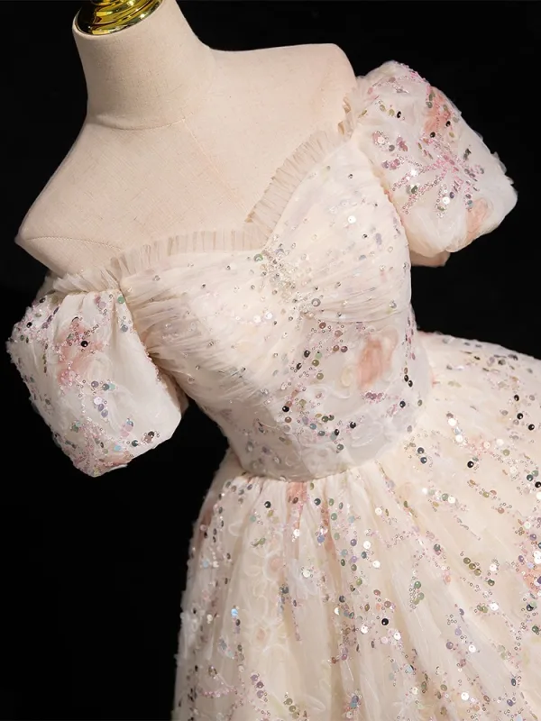 Bling Bling Rougissant Rose Paillettes Robe De Bal 2024 Robe Boule De l'épaule Manches Courtes Dos Nu Longue Promo Robe De Ceremonie
